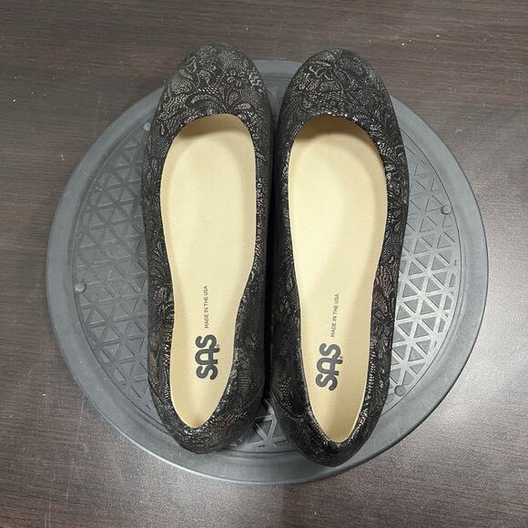 SAS Womens Size 9M Scenic Floral Ballet Flats Black Suede Comfort Shoes - Picture 6 of 10